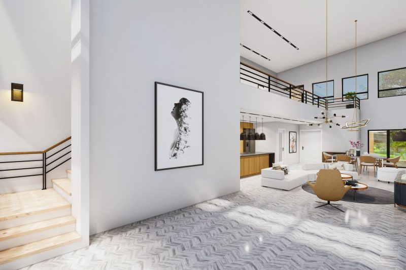 Modern interior with sleek furniture, large windows, and abundant natural light, creating a spacious atmosphere.
